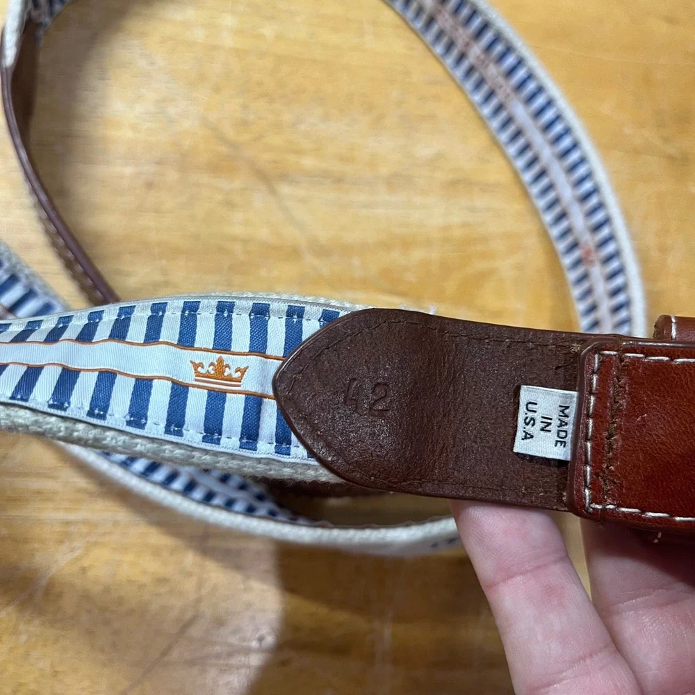 Peter Millar Mens Canvas Leather Belt Beige Brown Made in USA Size 42 Vtg Style